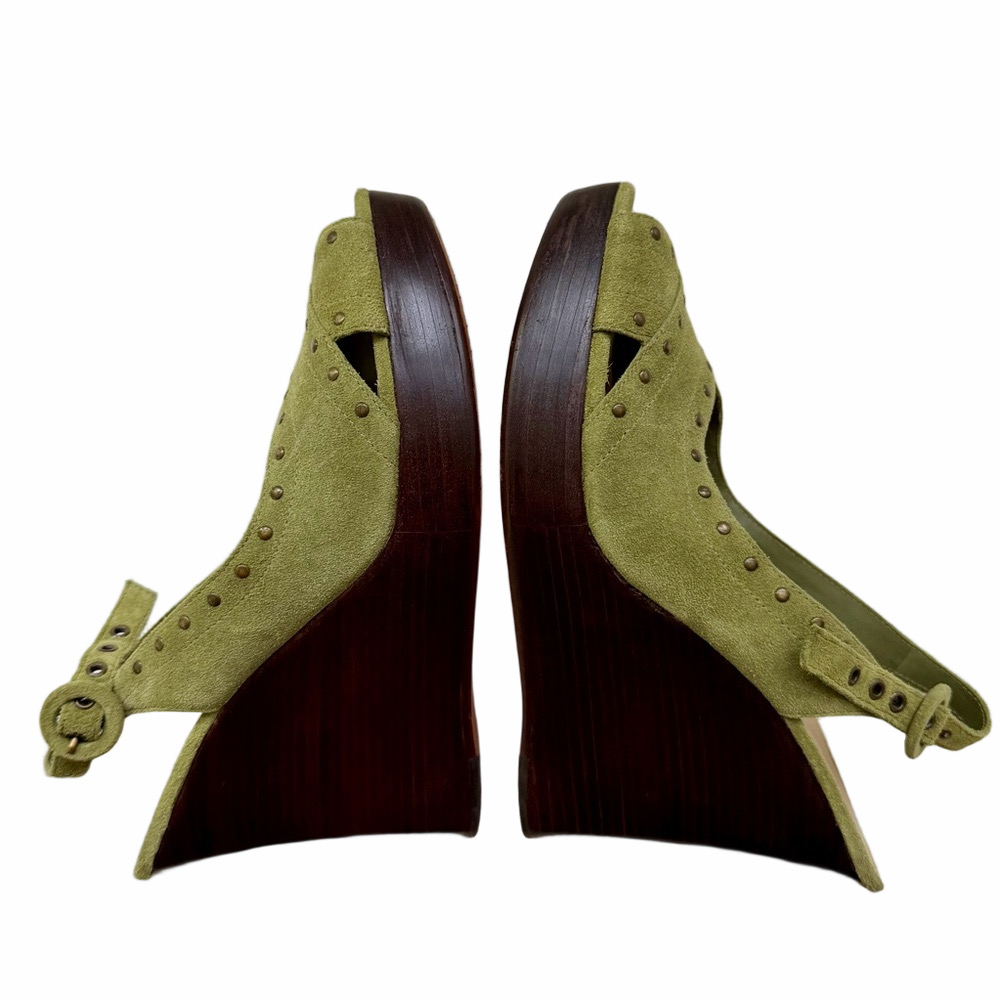 Vintage Anne Klein NY Suede Size 10 Olive Green Studded Wedge High Heel Sandals - Picture 10 of 15